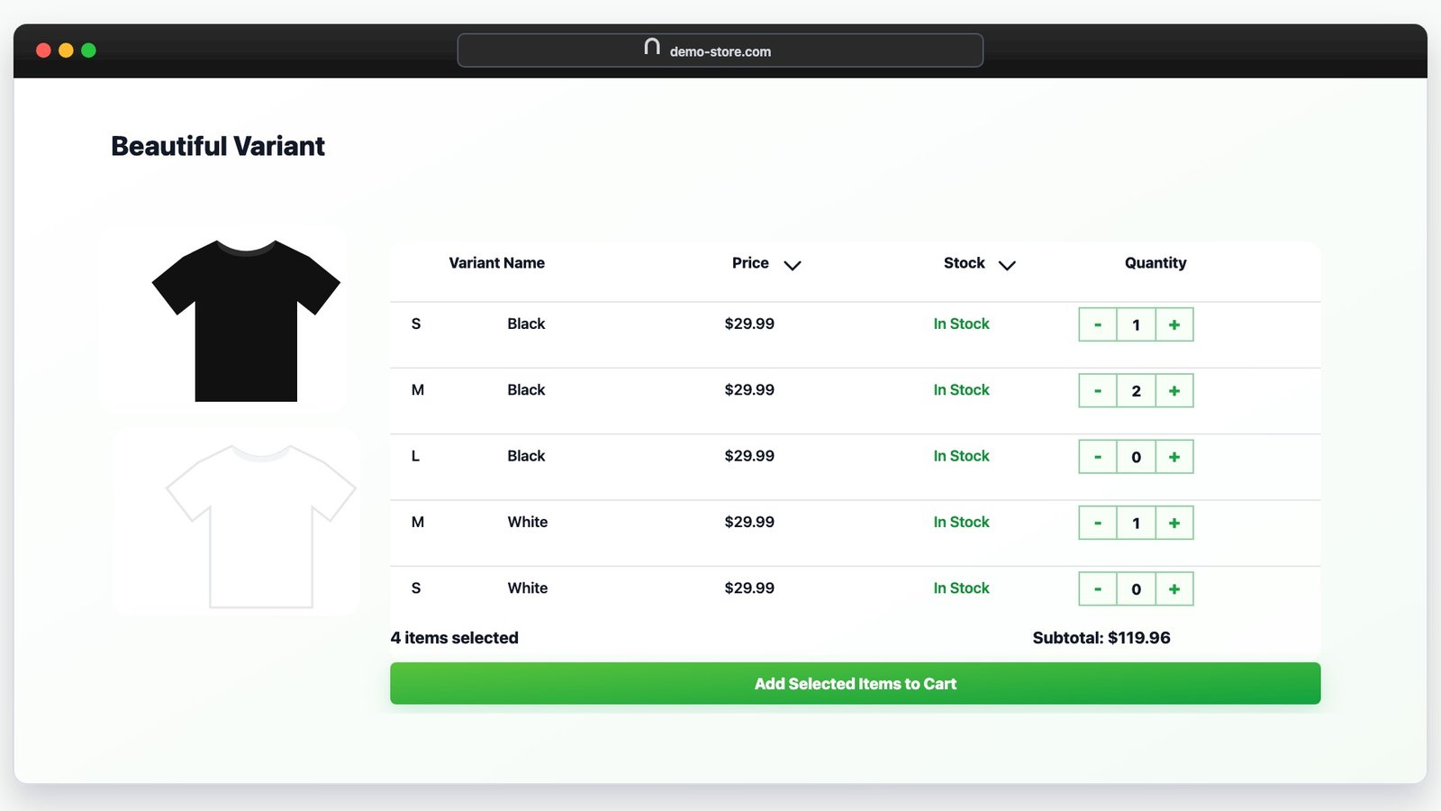 Smart Variant Table showing product variants, prices, stock, quantities, and add selected items to cart
